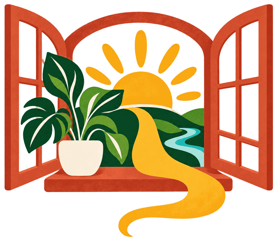 A window flung open on a rising sun, a potted plant on the sill and a stream running out into the hills.