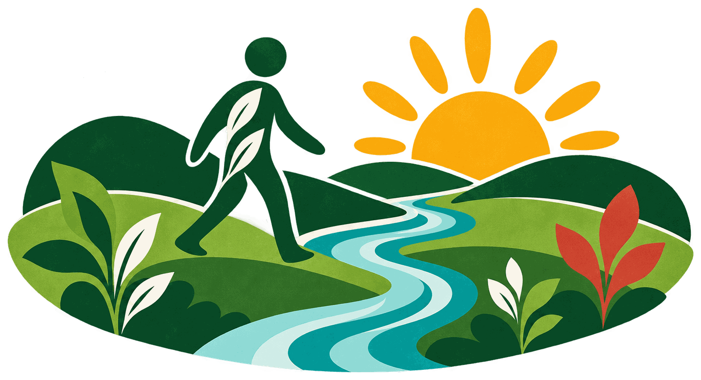 A walker crossing green hills beside a winding stream under a rising sun.