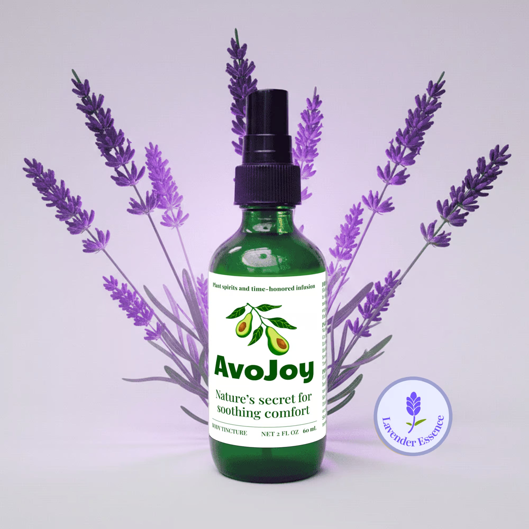 A green glass bottle of AvoJoy Lavender Essence mist surrounded by sprigs of lavender.